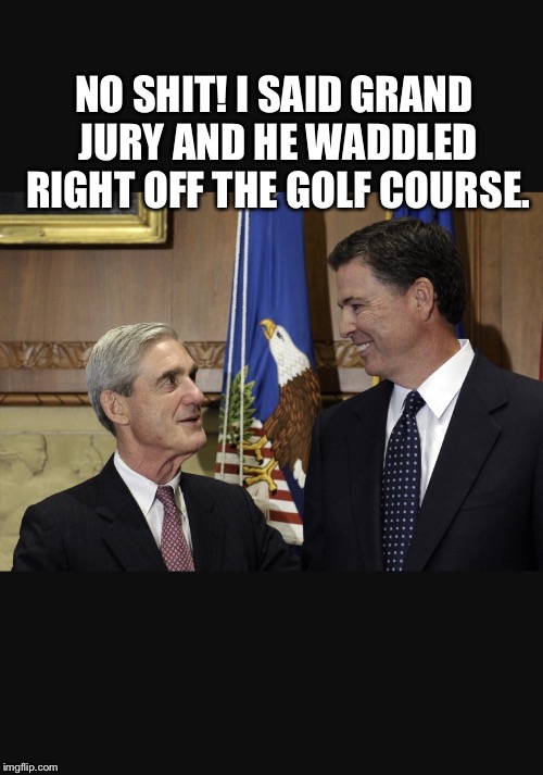 Mueller time | NO SHIT! I SAID GRAND JURY AND HE WADDLED RIGHT OFF THE GOLF COURSE. | image tagged in mueller time | made w/ Imgflip meme maker