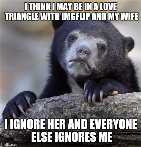 Empathy vote? :/ | I THINK I MAY BE IN A LOVE TRIANGLE WITH IMGFLIP AND MY WIFE; I IGNORE HER AND EVERYONE ELSE IGNORES ME | image tagged in memes,confession bear | made w/ Imgflip meme maker