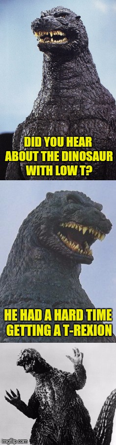 Oh no!  His junk is riding low, oh no Godzilla! | DID YOU HEAR ABOUT THE DINOSAUR WITH LOW T? HE HAD A HARD TIME GETTING A T-REXION | image tagged in godzilla,low t,t-rex | made w/ Imgflip meme maker