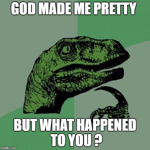 Philosoraptor Meme | GOD MADE ME PRETTY; BUT WHAT HAPPENED TO YOU ? | image tagged in memes,philosoraptor | made w/ Imgflip meme maker