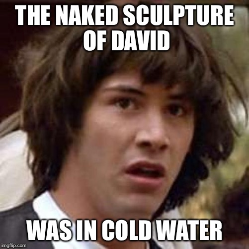 Conspiracy Keanu Meme | THE NAKED SCULPTURE OF DAVID; WAS IN COLD WATER | image tagged in memes,conspiracy keanu | made w/ Imgflip meme maker