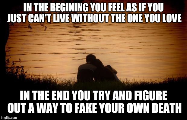 Love | IN THE BEGINING YOU FEEL AS IF YOU JUST CAN'T LIVE WITHOUT THE ONE YOU LOVE; IN THE END YOU TRY AND FIGURE OUT A WAY TO FAKE YOUR OWN DEATH | image tagged in love | made w/ Imgflip meme maker