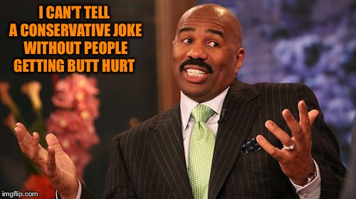 I CAN'T TELL A CONSERVATIVE JOKE WITHOUT PEOPLE GETTING BUTT HURT | image tagged in memes,steve harvey | made w/ Imgflip meme maker