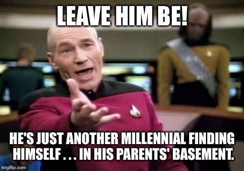 Picard Wtf Meme | LEAVE HIM BE! HE'S JUST ANOTHER MILLENNIAL FINDING HIMSELF . . . IN HIS PARENTS' BASEMENT. | image tagged in memes,picard wtf | made w/ Imgflip meme maker