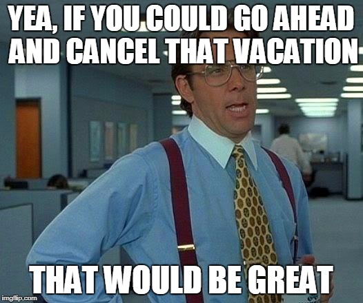 That Would Be Great Meme | YEA, IF YOU COULD GO AHEAD AND CANCEL THAT VACATION; THAT WOULD BE GREAT | image tagged in memes,that would be great | made w/ Imgflip meme maker