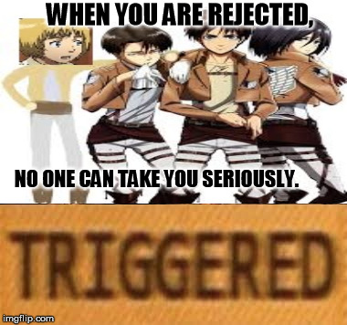 WHEN YOU ARE REJECTED |  WHEN YOU ARE REJECTED, NO ONE CAN TAKE YOU SERIOUSLY. | image tagged in rejected,attack on titan,no respect,triggered | made w/ Imgflip meme maker