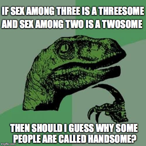 Philosoraptor Meme | AND SEX AMONG TWO IS A TWOSOME; IF SEX AMONG THREE IS A THREESOME; THEN SHOULD I GUESS WHY SOME PEOPLE ARE CALLED HANDSOME? | image tagged in memes,philosoraptor,sexual | made w/ Imgflip meme maker