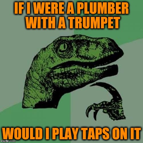 Philosoraptor Meme | IF I WERE A PLUMBER WITH A TRUMPET; WOULD I PLAY TAPS ON IT | image tagged in memes,philosoraptor | made w/ Imgflip meme maker