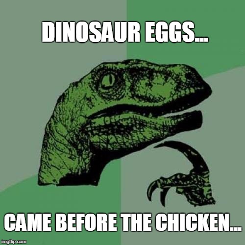 CHICKEN OR EGG solved! by philosoraptor.

Thanks bro! | DINOSAUR EGGS... CAME BEFORE THE CHICKEN... | image tagged in memes,philosoraptor | made w/ Imgflip meme maker