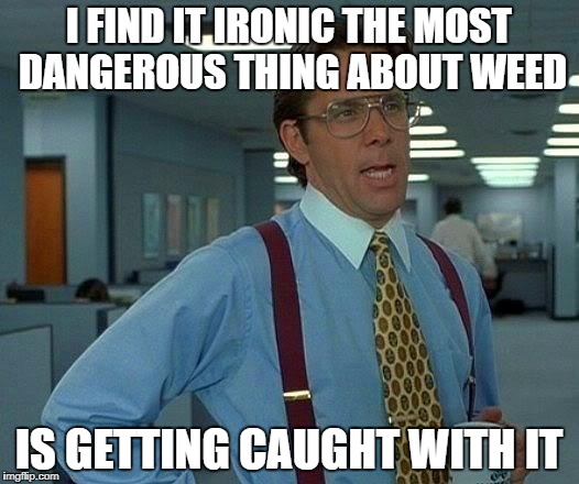 That Would Be Great | I FIND IT IRONIC THE MOST DANGEROUS THING ABOUT WEED; IS GETTING CAUGHT WITH IT | image tagged in memes,that would be great | made w/ Imgflip meme maker