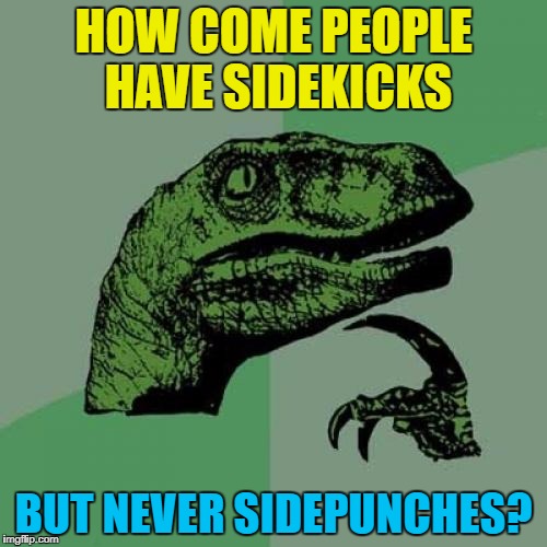 Kick, punch, it's all in the mind... :) | HOW COME PEOPLE HAVE SIDEKICKS; BUT NEVER SIDEPUNCHES? | image tagged in memes,philosoraptor,sidekick,sidepunch | made w/ Imgflip meme maker