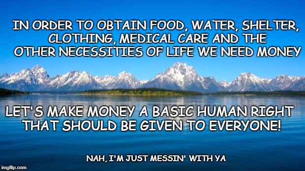 Money a Basic Human Right | IN ORDER TO OBTAIN FOOD, WATER, SHELTER, CLOTHING, MEDICAL CARE AND THE OTHER NECESSITIES OF LIFE WE NEED MONEY; LET'S MAKE MONEY A BASIC HUMAN RIGHT THAT SHOULD BE GIVEN TO EVERYONE! NAH, I'M JUST MESSIN' WITH YA | image tagged in naturelake,human right | made w/ Imgflip meme maker