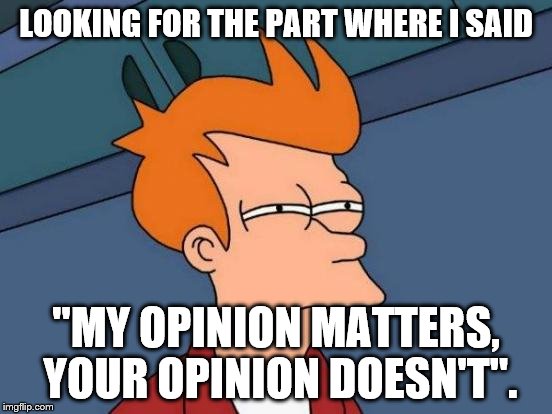 Futurama Fry Meme | LOOKING FOR THE PART WHERE I SAID "MY OPINION MATTERS, YOUR OPINION DOESN'T". | image tagged in memes,futurama fry | made w/ Imgflip meme maker