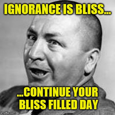 Curly says Ignorance is bliss, continue your bliss filled day | IGNORANCE IS BLISS... ...CONTINUE YOUR BLISS FILLED DAY | image tagged in 3 stooges,curly,memes,funny memes,ignorance is bliss | made w/ Imgflip meme maker