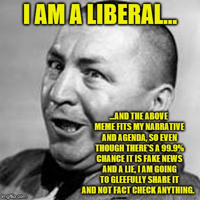 Curly Says...Liberals Spread Fake News & Lies With No Fact Checking | I AM A LIBERAL... ...AND THE ABOVE MEME FITS MY NARRATIVE AND AGENDA, SO EVEN THOUGH THERE'S A 99.9% CHANCE IT IS FAKE NEWS AND A LIE, I AM GOING TO GLEEFULLY SHARE IT AND NOT FACT CHECK ANYTHING. | image tagged in liberal lies,fake news,curly says,memes,political meme | made w/ Imgflip meme maker