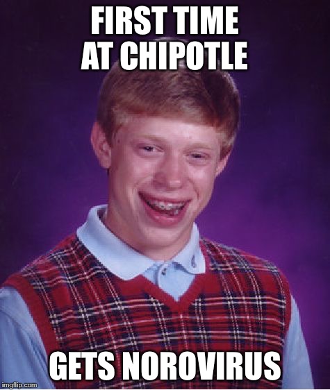 Bad Luck Brian Meme | FIRST TIME AT CHIPOTLE; GETS NOROVIRUS | image tagged in memes,bad luck brian | made w/ Imgflip meme maker