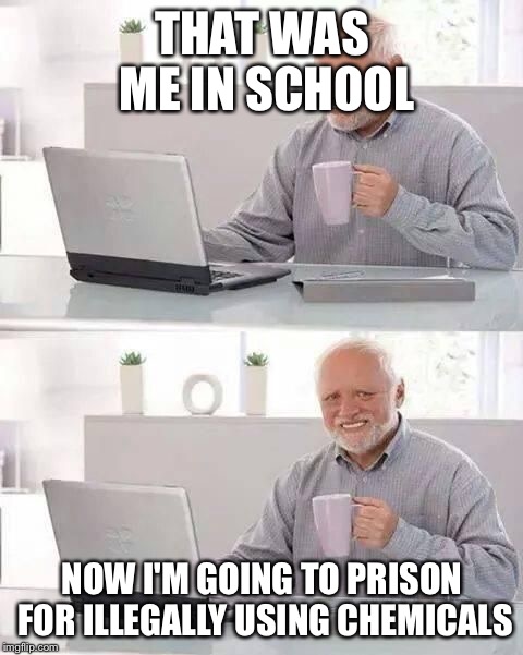 I meant this to be a comment on Raydog's meme | THAT WAS ME IN SCHOOL; NOW I'M GOING TO PRISON FOR ILLEGALLY USING CHEMICALS | image tagged in hide the pain harold | made w/ Imgflip meme maker