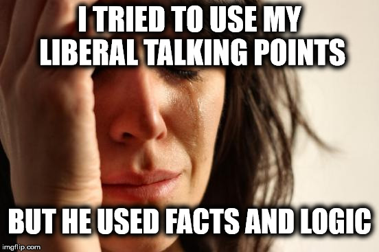 First World Problems Meme | I TRIED TO USE MY LIBERAL TALKING POINTS BUT HE USED FACTS AND LOGIC | image tagged in memes,first world problems | made w/ Imgflip meme maker