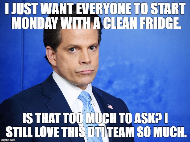 Scaramucci Sad | I JUST WANT EVERYONE TO START MONDAY WITH A CLEAN FRIDGE. IS THAT TOO MUCH TO ASK? I STILL LOVE THIS DTI TEAM SO MUCH. | image tagged in scaramucci sad | made w/ Imgflip meme maker