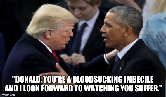 Trump and Obama | "DONALD, YOU'RE A BLOODSUCKING IMBECILE AND I LOOK FORWARD TO WATCHING YOU SUFFER." | image tagged in trump and obama | made w/ Imgflip meme maker