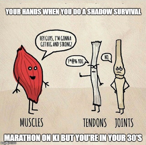 YOUR HANDS WHEN YOU DO A SHADOW SURVIVAL; MARATHON ON KI BUT YOU'RE IN YOUR 30'S | made w/ Imgflip meme maker