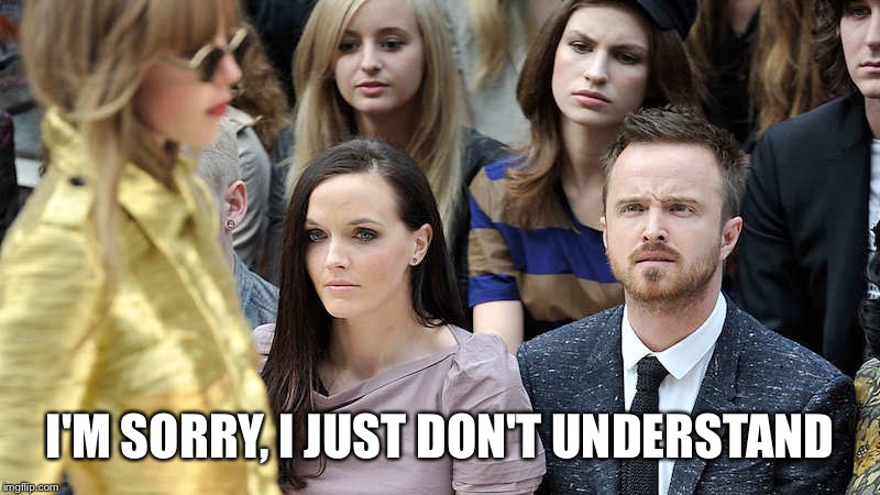 Aaron Paul doesn't understand fashion | I'M SORRY, I JUST DON'T UNDERSTAND | image tagged in aaron paul doesn't understand fashion,meme,aaron paul,fashion | made w/ Imgflip meme maker