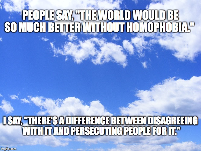 Sorry it's not funny, but this had to be said | PEOPLE SAY, "THE WORLD WOULD BE SO MUCH BETTER WITHOUT HOMOPHOBIA."; I SAY, "THERE'S A DIFFERENCE BETWEEN DISAGREEING WITH IT AND PERSECUTING PEOPLE FOR IT." | image tagged in gay,gay marriage,gay pride,lesbian,truth,bisexual | made w/ Imgflip meme maker