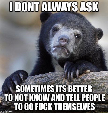 Confession Bear Meme | I DONT ALWAYS ASK SOMETIMES ITS BETTER TO NOT KNOW AND TELL PEOPLE TO GO F**K THEMSELVES | image tagged in memes,confession bear | made w/ Imgflip meme maker
