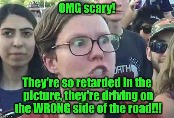 I am so Triggered! | OMG scary! They're so retarded in the picture, they're driving on the WRONG side of the road!!! | image tagged in i am so triggered | made w/ Imgflip meme maker
