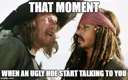 Barbosa And Sparrow | THAT MOMENT; WHEN AN UGLY HOE START TALKING TO YOU | image tagged in memes,barbosa and sparrow | made w/ Imgflip meme maker