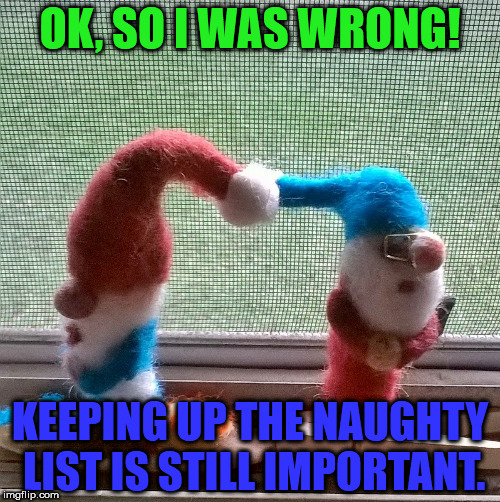 OK, SO I WAS WRONG! KEEPING UP THE NAUGHTY LIST IS STILL IMPORTANT. | image tagged in two gnomes quarling | made w/ Imgflip meme maker