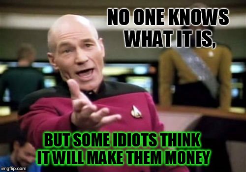 Picard Wtf Meme | NO ONE KNOWS WHAT IT IS, BUT SOME IDIOTS THINK IT WILL MAKE THEM MONEY | image tagged in memes,picard wtf | made w/ Imgflip meme maker