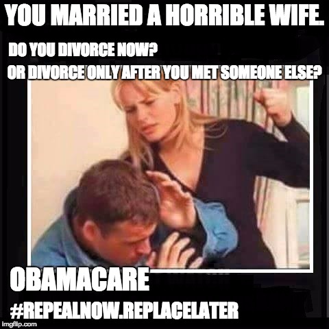 Do The Right Thing | YOU MARRIED A HORRIBLE WIFE. DO YOU DIVORCE NOW? OR DIVORCE ONLY AFTER YOU MET SOMEONE ELSE? OBAMACARE; #REPEALNOW.REPLACELATER | image tagged in angry wife,obamacare,repeal now,replace later,funny | made w/ Imgflip meme maker
