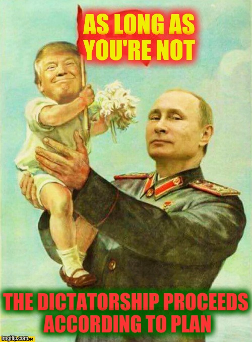 putin holding baby donald | AS LONG AS YOU'RE NOT THE DICTATORSHIP PROCEEDS ACCORDING TO PLAN | image tagged in putin holding baby donald | made w/ Imgflip meme maker