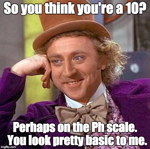 Creepy Condescending Wonka Meme | So you think you're a 10? Perhaps on the Ph scale.  You look pretty basic to me. | image tagged in memes,creepy condescending wonka | made w/ Imgflip meme maker