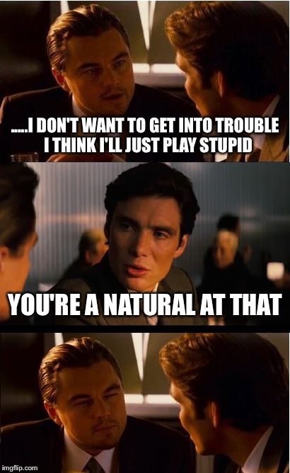 Inception Meme | .....I DON'T WANT TO GET INTO TROUBLE  I THINK I'LL JUST PLAY STUPID; YOU'RE A NATURAL AT THAT | image tagged in memes,inception | made w/ Imgflip meme maker