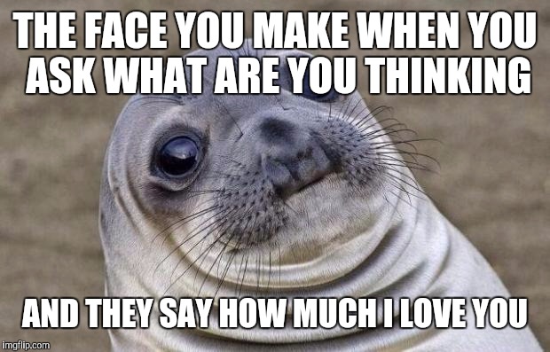 Awkward Moment Sealion Meme | THE FACE YOU MAKE WHEN YOU ASK WHAT ARE YOU THINKING AND THEY SAY HOW MUCH I LOVE YOU | image tagged in memes,awkward moment sealion | made w/ Imgflip meme maker