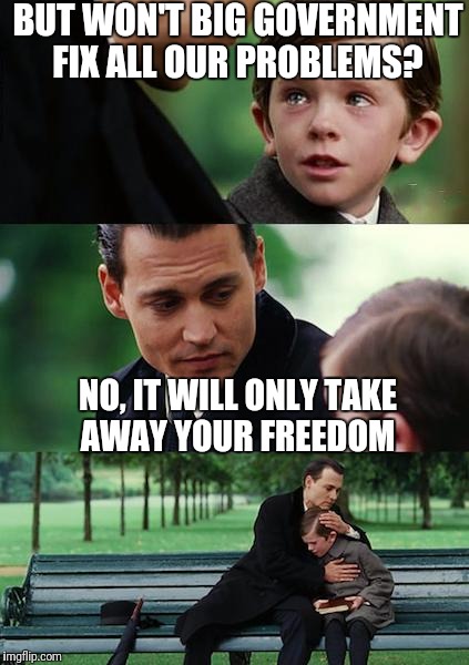 Finding Neverland Meme | BUT WON'T BIG GOVERNMENT FIX ALL OUR PROBLEMS? NO, IT WILL ONLY TAKE AWAY YOUR FREEDOM | image tagged in memes,finding neverland | made w/ Imgflip meme maker