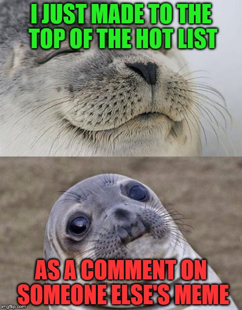 At least I made it there, right? | I JUST MADE TO THE TOP OF THE HOT LIST; AS A COMMENT ON SOMEONE ELSE'S MEME | image tagged in memes,short satisfaction vs truth | made w/ Imgflip meme maker