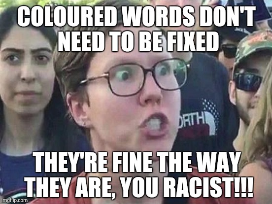 COLOURED WORDS DON'T NEED TO BE FIXED THEY'RE FINE THE WAY THEY ARE, YOU RACIST!!! | made w/ Imgflip meme maker