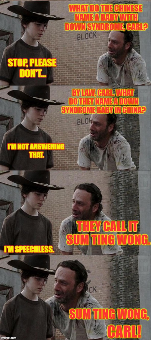 Carl!!! | WHAT DO THE CHINESE NAME A BABY WITH DOWN SYNDROME, CARL? STOP, PLEASE DON'T... BY LAW, CARL. WHAT DO THEY NAME A DOWN SYNDROME BABY IN CHINA? I'M NOT ANSWERING THAT. THEY CALL IT SUM TING WONG. I'M SPEECHLESS. SUM TING WONG, CARL! | image tagged in memes,rick and carl long,chinese,down syndrome | made w/ Imgflip meme maker
