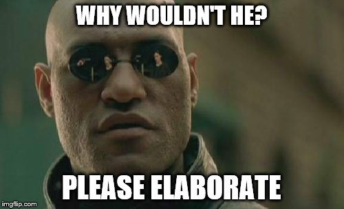 Matrix Morpheus Meme | WHY WOULDN'T HE? PLEASE ELABORATE | image tagged in memes,matrix morpheus | made w/ Imgflip meme maker