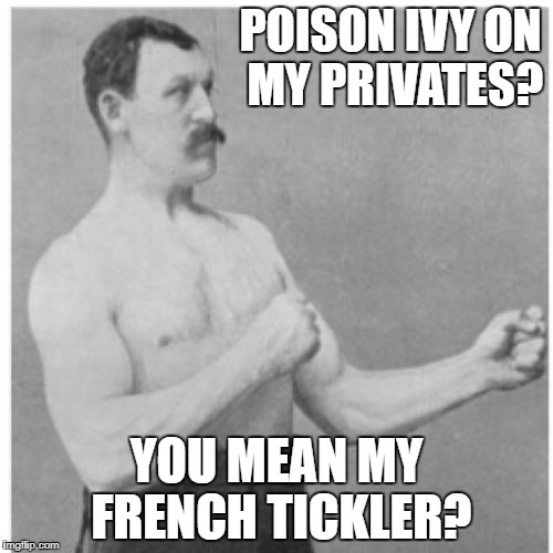 Overly Manly Man Meme | POISON IVY ON MY PRIVATES? YOU MEAN MY FRENCH TICKLER? | image tagged in memes,overly manly man | made w/ Imgflip meme maker