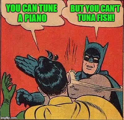 Batman Slapping Robin Meme | YOU CAN TUNE A PIANO BUT YOU CAN'T TUNA FISH! | image tagged in memes,batman slapping robin | made w/ Imgflip meme maker