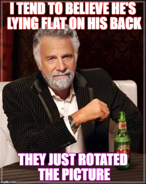 The Most Interesting Man In The World Meme | I TEND TO BELIEVE HE'S LYING FLAT ON HIS BACK THEY JUST ROTATED THE PICTURE | image tagged in memes,the most interesting man in the world | made w/ Imgflip meme maker