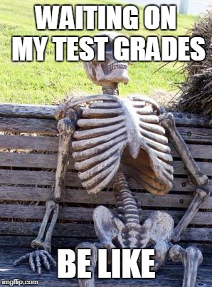 Waiting Skeleton | WAITING ON MY TEST GRADES; BE LIKE | image tagged in memes,waiting skeleton | made w/ Imgflip meme maker