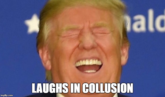 Trump laughing | LAUGHS IN COLLUSION | image tagged in trump laughing | made w/ Imgflip meme maker