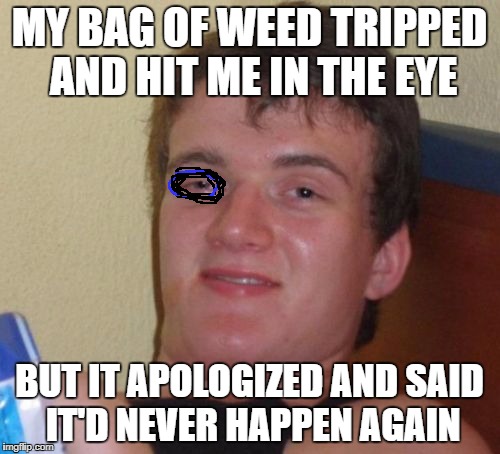 10 Guy Meme | MY BAG OF WEED TRIPPED AND HIT ME IN THE EYE BUT IT APOLOGIZED AND SAID IT'D NEVER HAPPEN AGAIN | image tagged in memes,10 guy | made w/ Imgflip meme maker