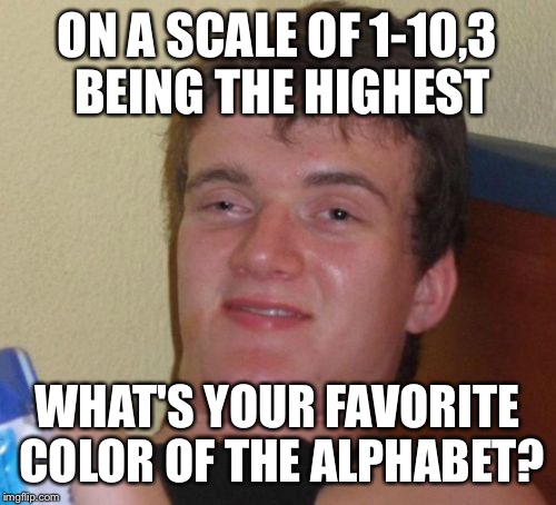 10 Guy Meme | ON A SCALE OF 1-10,3 BEING THE HIGHEST; WHAT'S YOUR FAVORITE COLOR OF THE ALPHABET? | image tagged in memes,10 guy | made w/ Imgflip meme maker