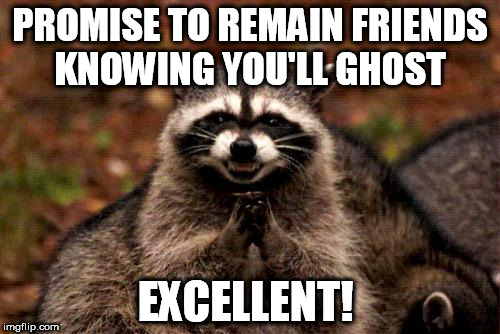 Evil Plotting Raccoon Meme |  PROMISE TO REMAIN FRIENDS KNOWING YOU'LL GHOST; EXCELLENT! | image tagged in memes,evil plotting raccoon | made w/ Imgflip meme maker